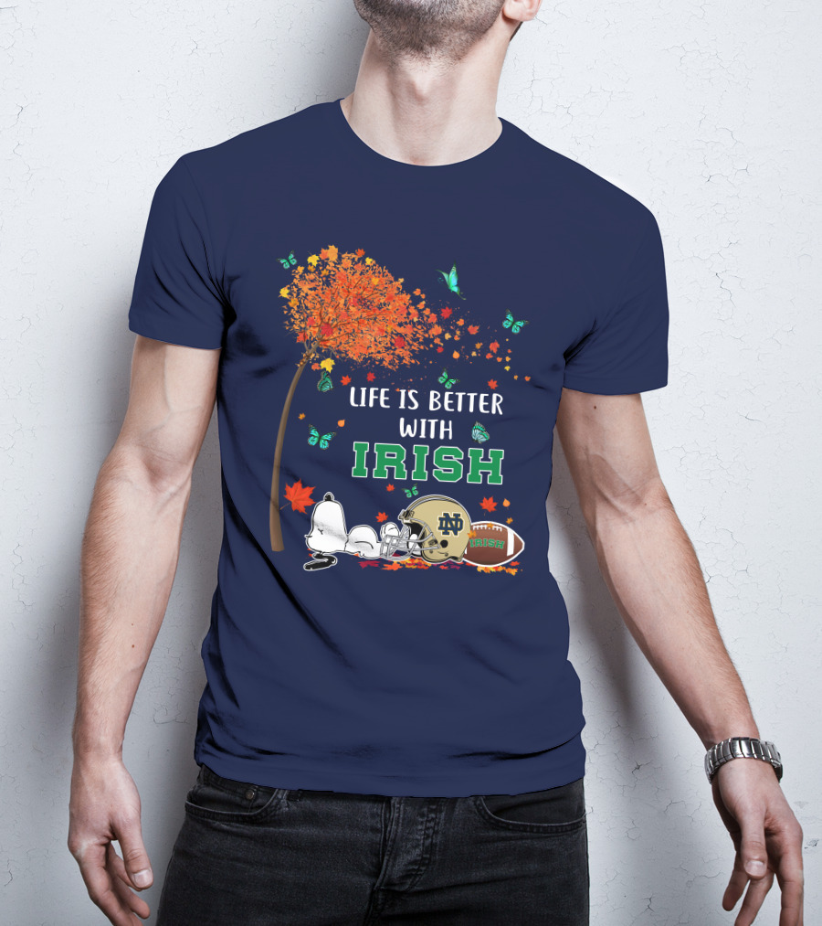 Life Is Better With Irish Autumn Leaves Football Helmet Snoopy Notre Dame T-Shirt
