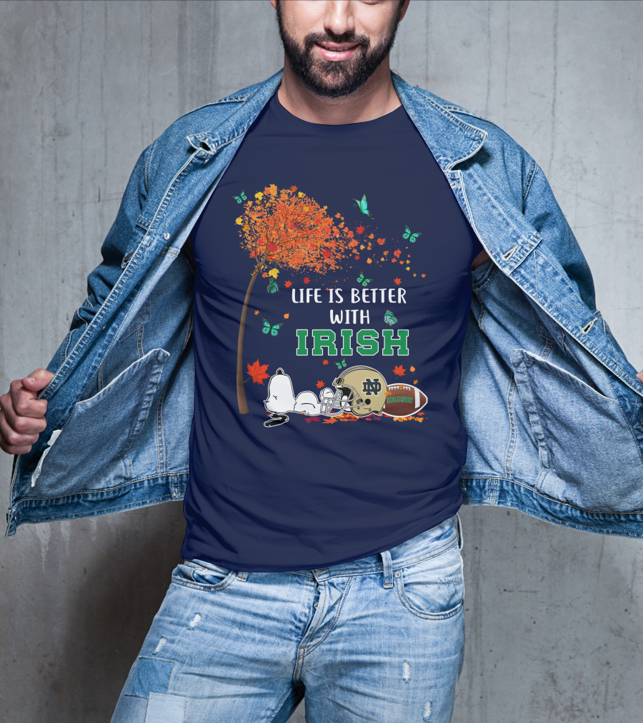 Life Is Better With Irish Autumn Leaves Football Helmet Snoopy Notre Dame T-Shirt