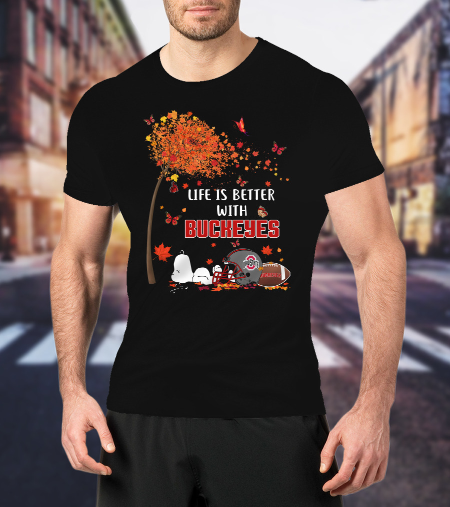 Life Is Better With Buckeyes Ohio State Football Autumn Leaves Butterflies T-Shirt