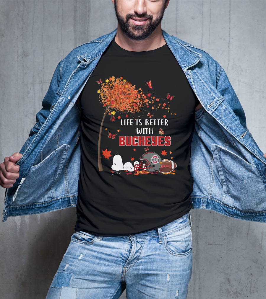 Life Is Better With Buckeyes Ohio State Football Autumn Leaves Butterflies T-Shirt