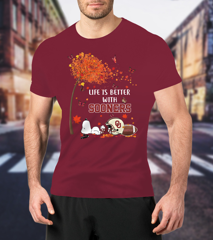 Life Is Better With Sooners Football Autumn Leaves And Butterflies T-Shirt
