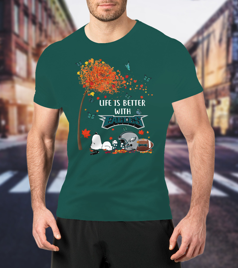 Life Is Better With Eagles Football Autumn Leaves And Butterflies T-Shirt