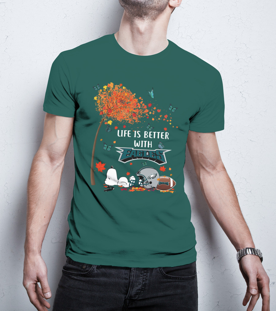 Life Is Better With Eagles Football Autumn Leaves And Butterflies T-Shirt