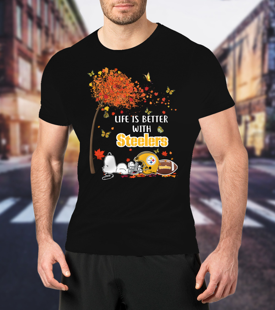 Life Is Better With Steelers Autumn Snoopy Football Helmet T-Shirt