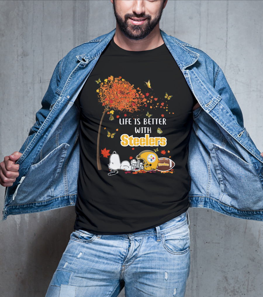 Life Is Better With Steelers Autumn Snoopy Football Helmet T-Shirt