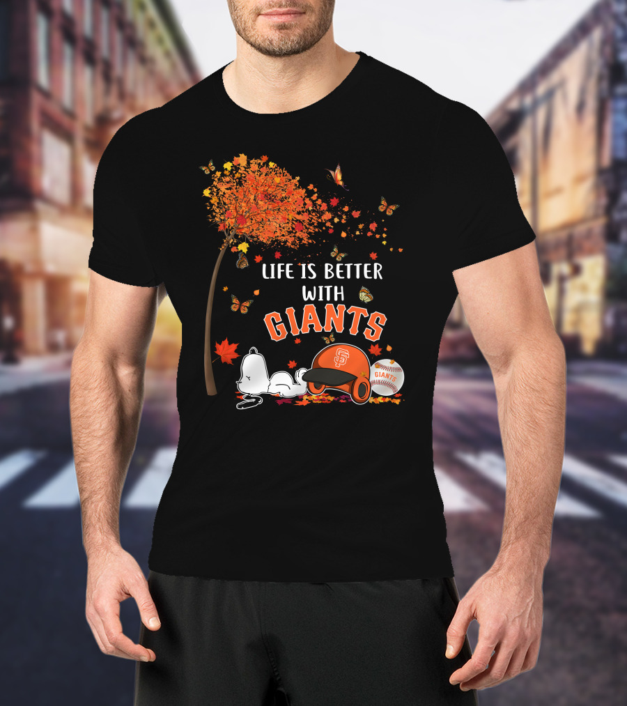 Life Is Better With Giants Snoopy Fall Leaves Baseball Cap T-Shirt