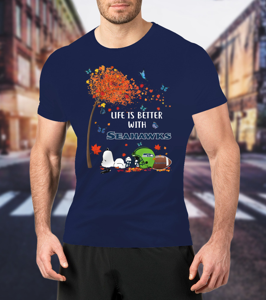 Life Is Better With Seattle Seahawks Autumn Leaves Football Helmet Snoopy And Woodstock T-Shirt