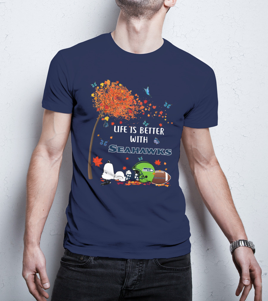 Life Is Better With Seattle Seahawks Autumn Leaves Football Helmet Snoopy And Woodstock T-Shirt