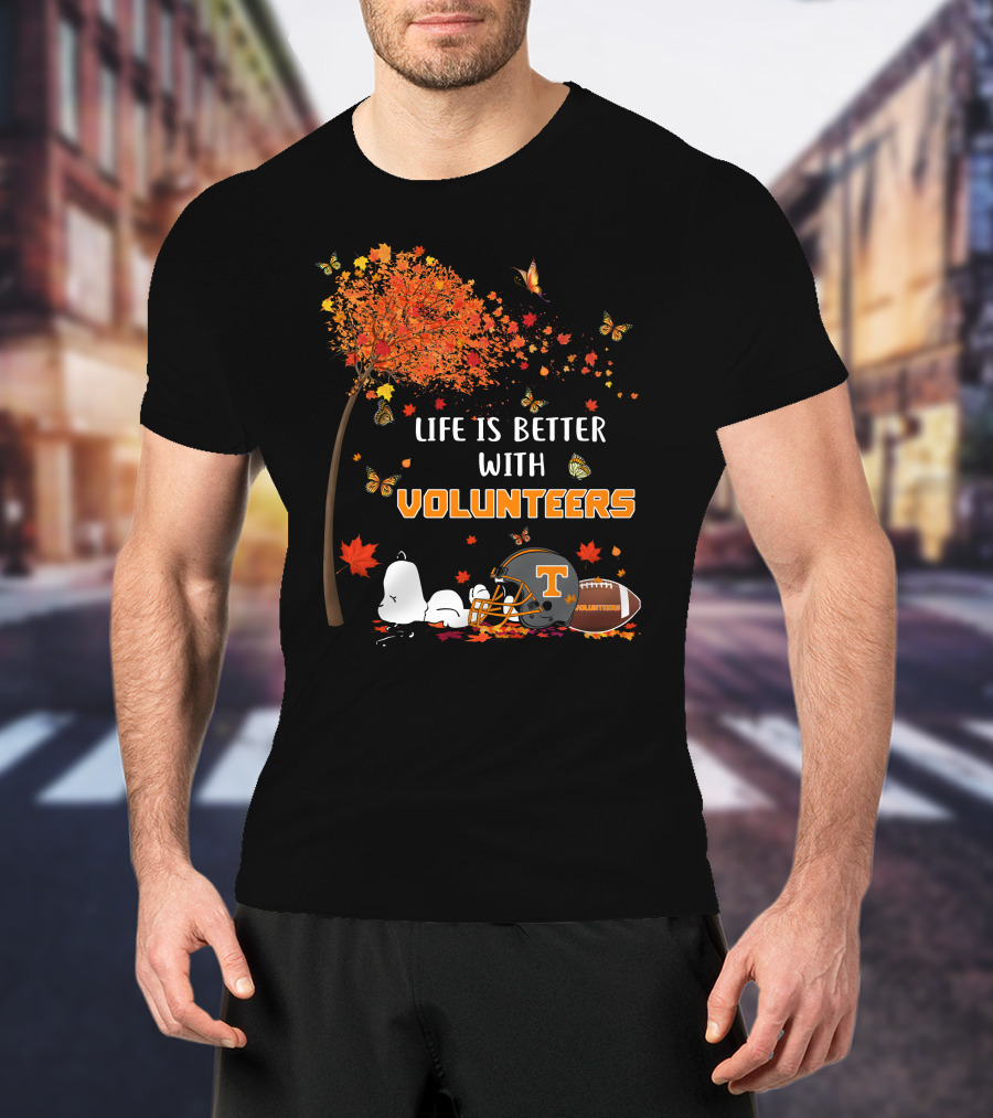 Life Is Better With Volunteers Tennessee Football Autumn Leaves And Butterflies T-Shirt
