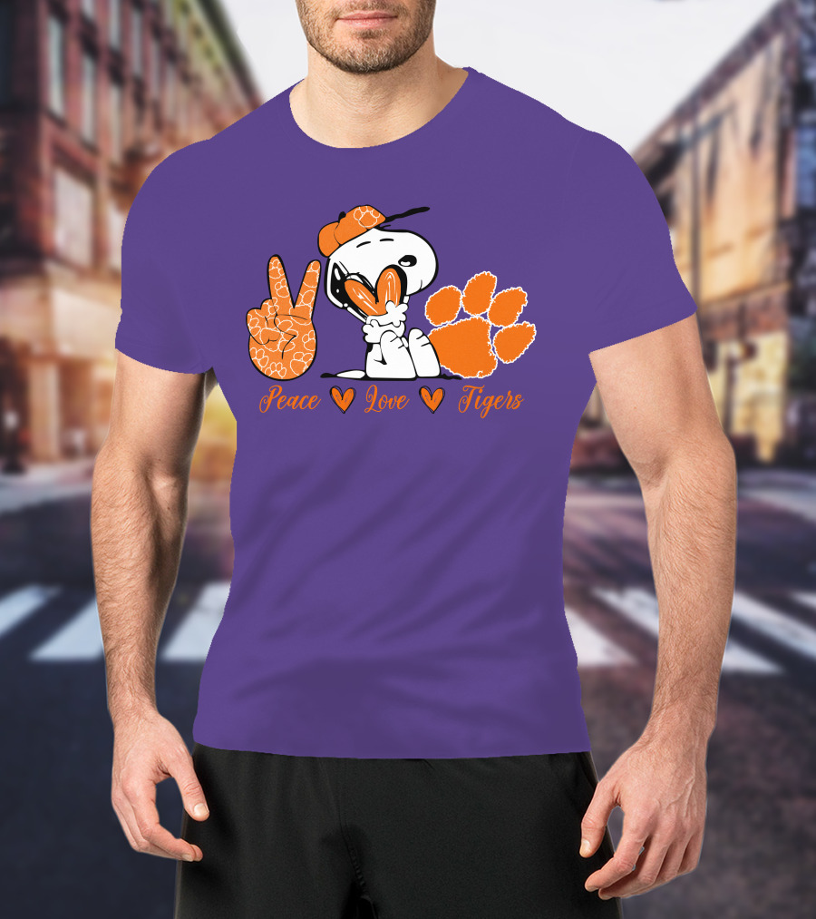 Peace Love Clemson Tigers Snoopy With Paw Print And Heart Icons T-Shirt