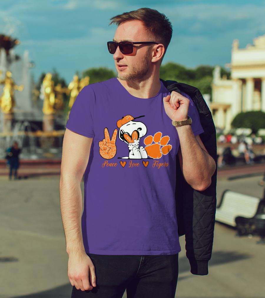 Peace Love Clemson Tigers Snoopy With Paw Print And Heart Icons T-Shirt