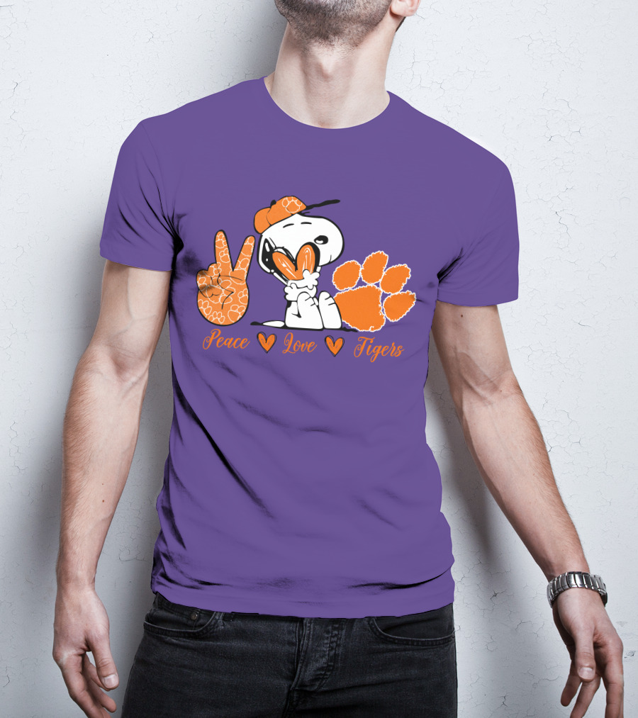 Peace Love Clemson Tigers Snoopy With Paw Print And Heart Icons T-Shirt
