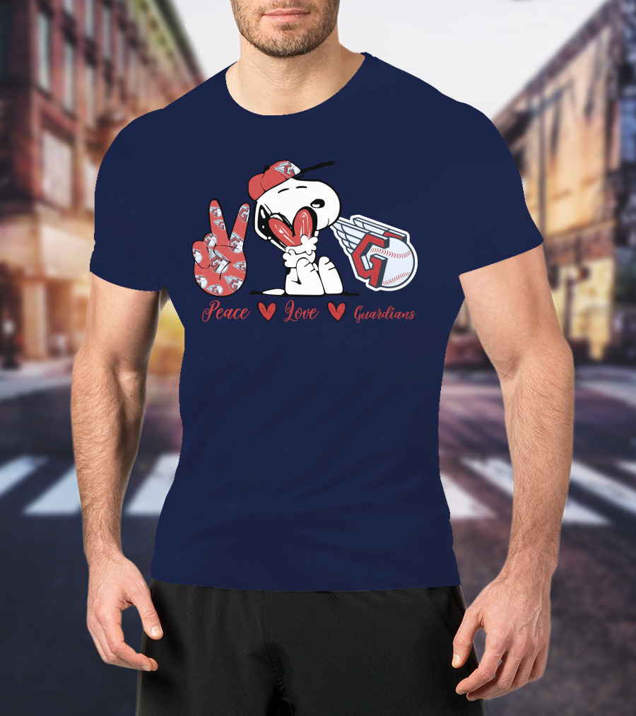 Snoopy Peace Love Cleveland Guardians Baseball Iconic Imagery With Red Heart And Cap T-Shirt
