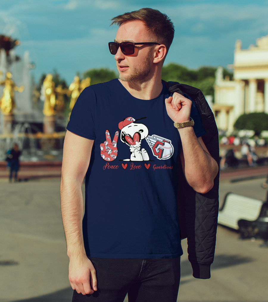 Snoopy Peace Love Cleveland Guardians Baseball Iconic Imagery With Red Heart And Cap T-Shirt
