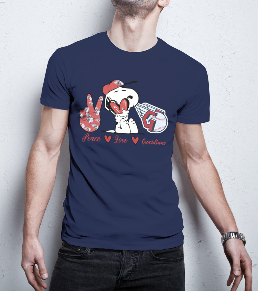 Snoopy Peace Love Cleveland Guardians Baseball Iconic Imagery With Red Heart And Cap T-Shirt