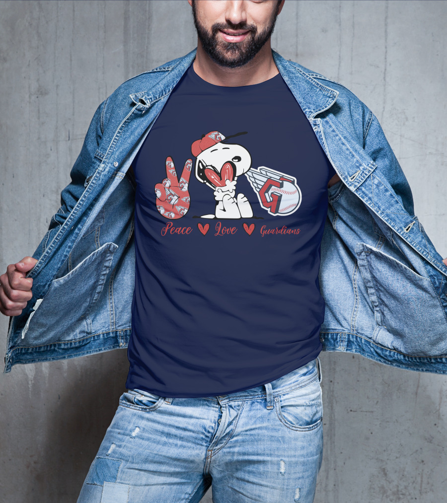 Snoopy Peace Love Cleveland Guardians Baseball Iconic Imagery With Red Heart And Cap T-Shirt