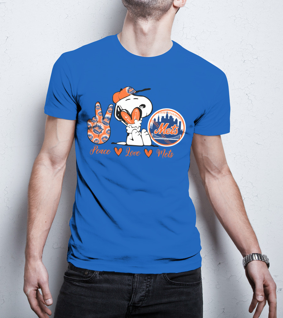 Snoopy Peace Love Mets New York City Skyline Baseball T-Shirt