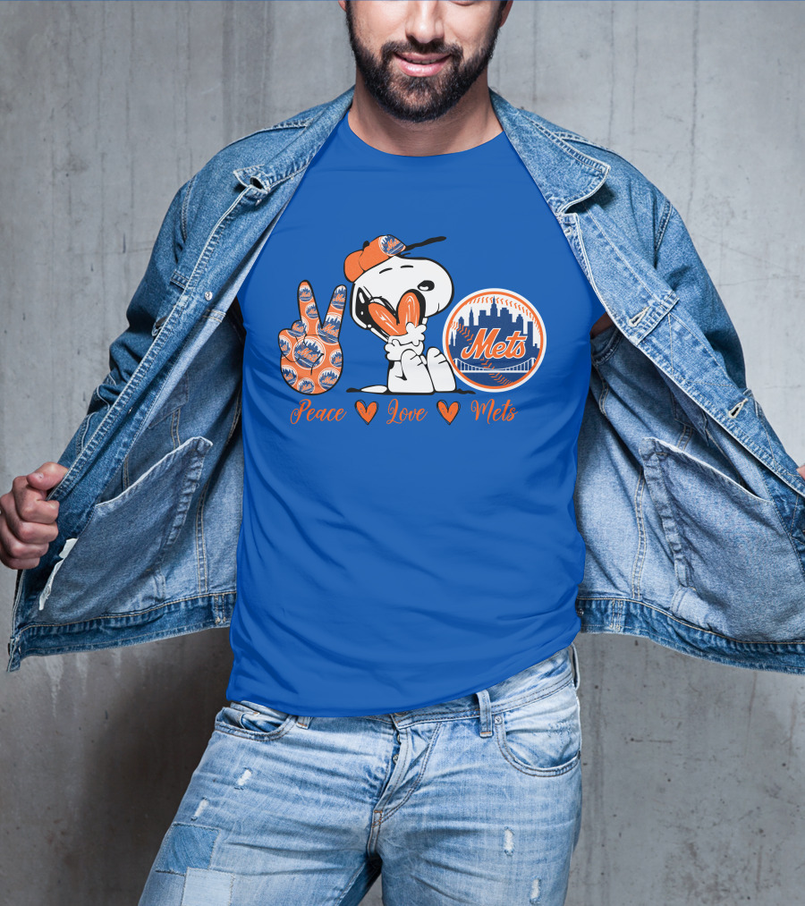 Snoopy Peace Love Mets New York City Skyline Baseball T-Shirt