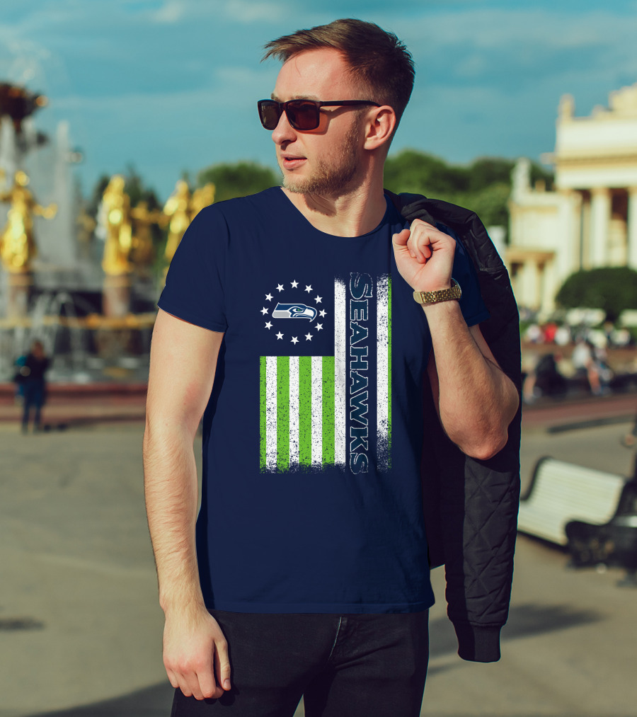 Seattle Seahawks American Flag Green Stripes 12 Stars T-Shirt