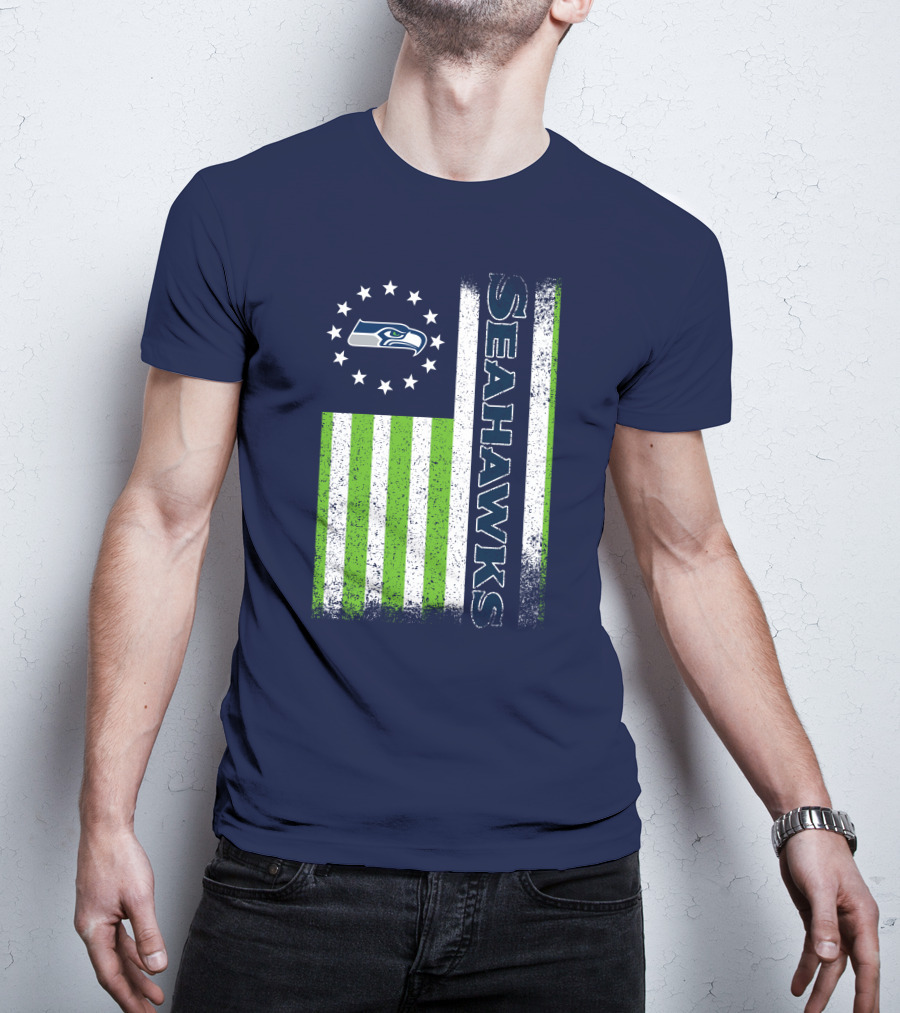 Seattle Seahawks American Flag Green Stripes 12 Stars T-Shirt
