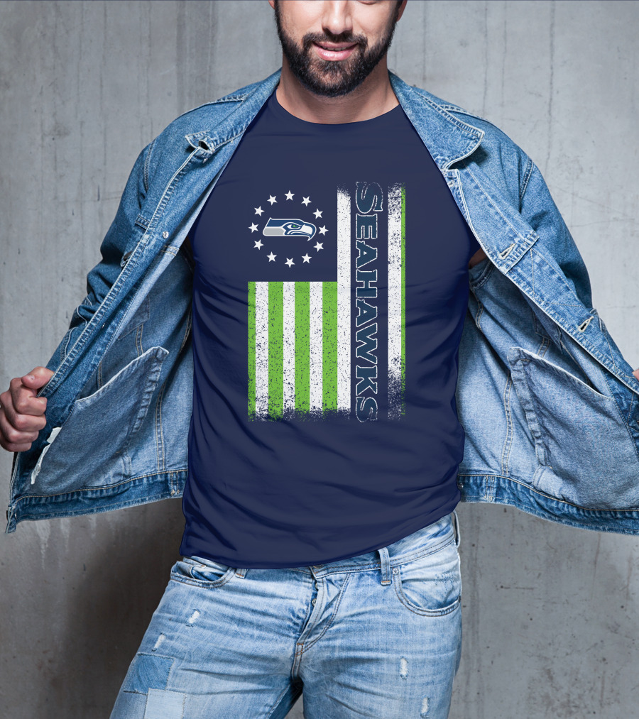 Seattle Seahawks American Flag Green Stripes 12 Stars T-Shirt