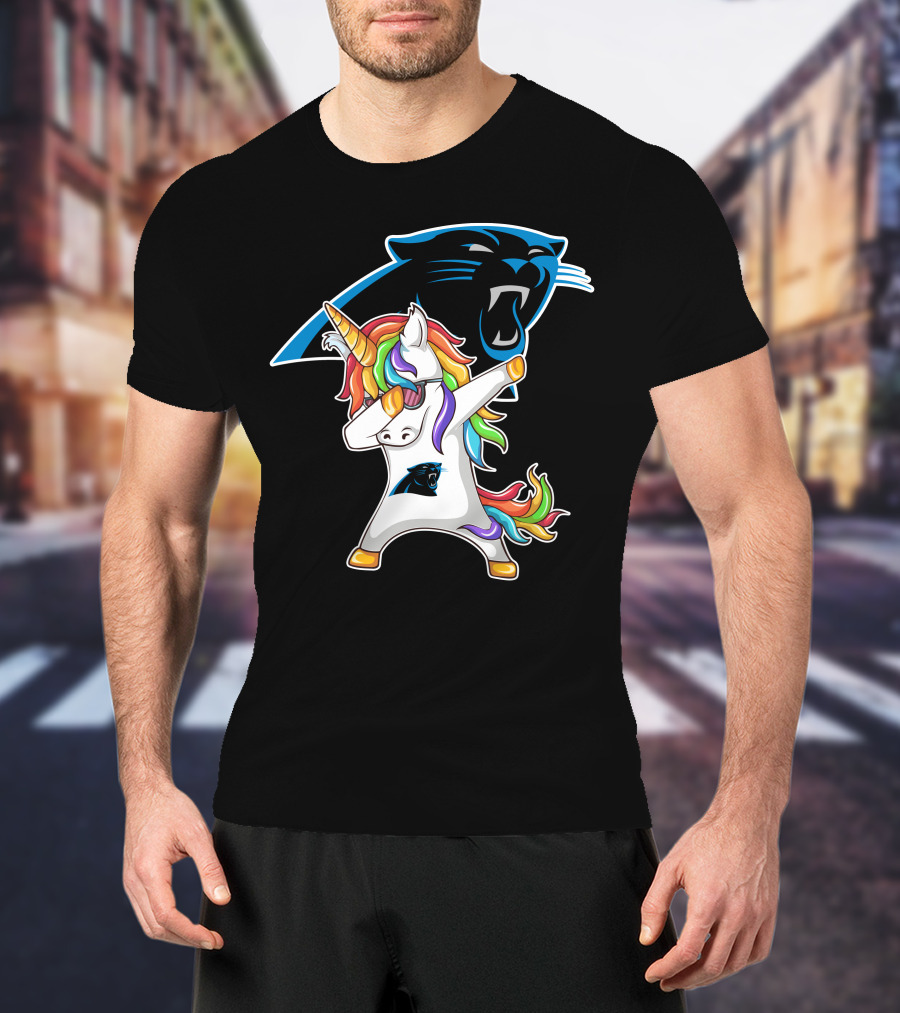 Carolina Panthers Unicorn Dabbing With Team Logo And Rainbow Mane T-Shirt