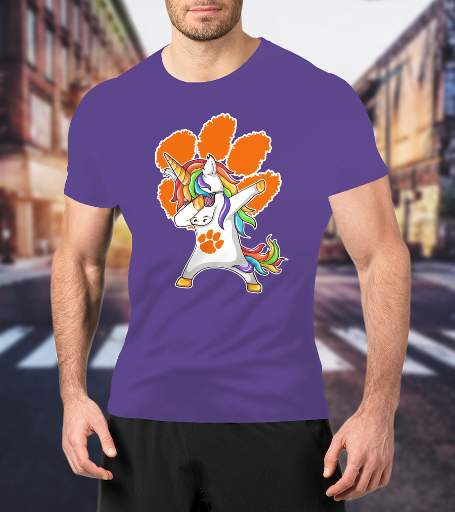 Clemson Tigers Dabbing Unicorn Paw Print Rainbow Mane T-Shirt