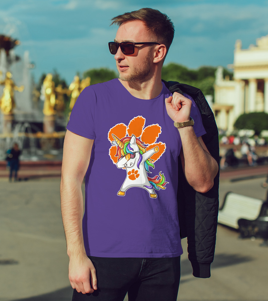 Clemson Tigers Dabbing Unicorn Paw Print Rainbow Mane T-Shirt