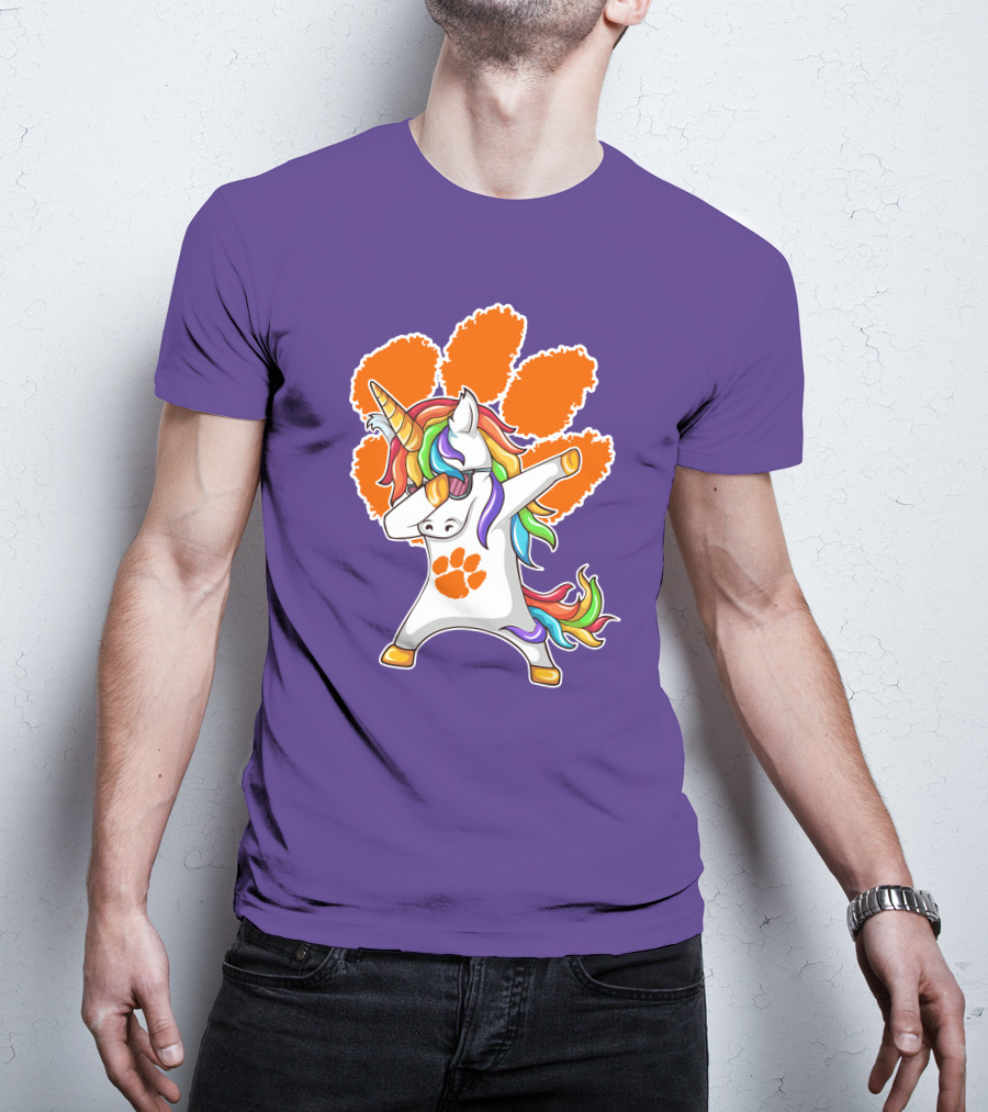 Clemson Tigers Dabbing Unicorn Paw Print Rainbow Mane T-Shirt