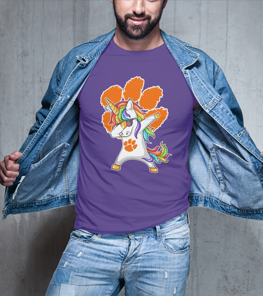 Clemson Tigers Dabbing Unicorn Paw Print Rainbow Mane T-Shirt
