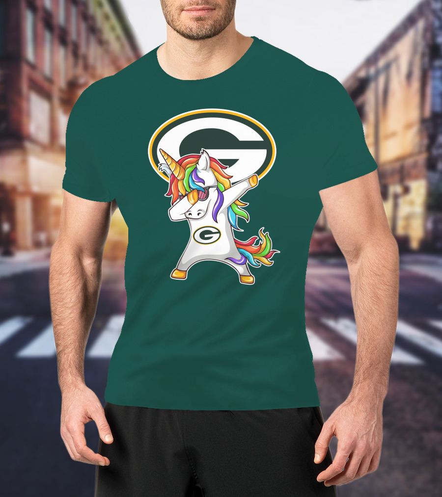 Green Bay Packers Dabbing Unicorn With Team Logo And Rainbow Mane T-Shirt