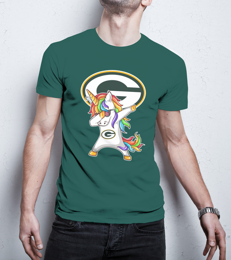 Green Bay Packers Dabbing Unicorn With Team Logo And Rainbow Mane T-Shirt
