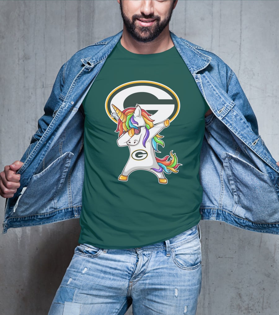 Green Bay Packers Dabbing Unicorn With Team Logo And Rainbow Mane T-Shirt