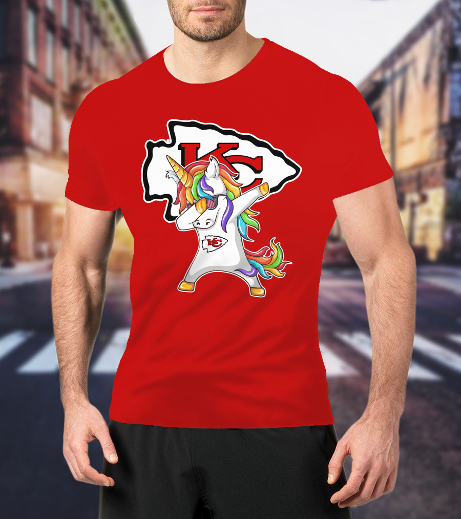 Kansas City Chiefs Unicorn Dabbing KC Logo Rainbow Mane T-Shirt