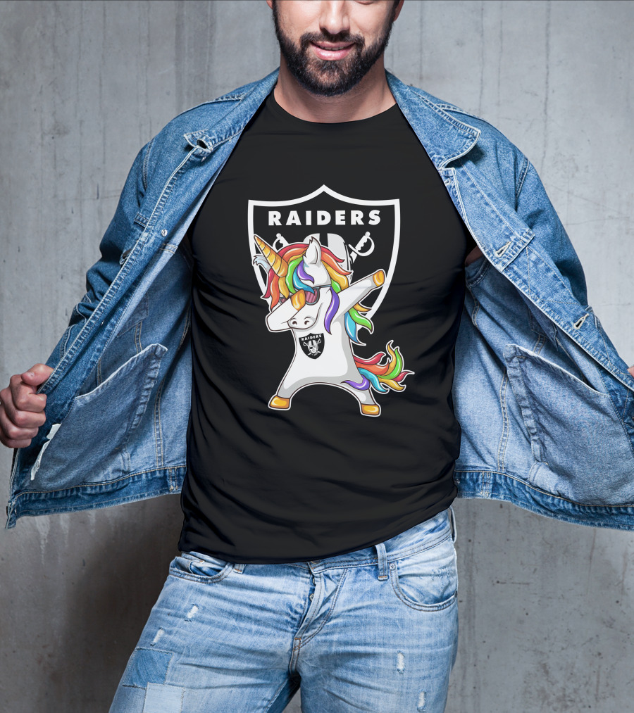 Las Vegas Raiders Unicorn Dabbing With Rainbow Mane In Shield T-Shirt