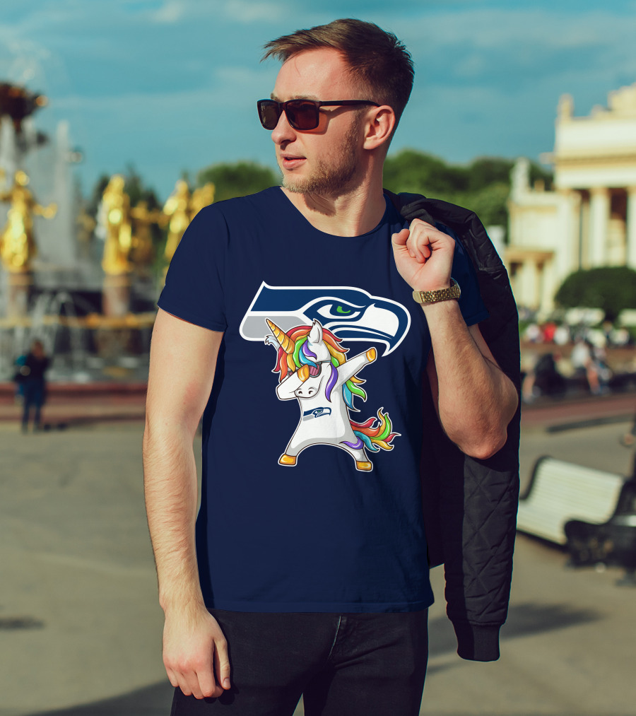 Seattle Seahawks Unicorn Dabbing Rainbow Hair T-Shirt
