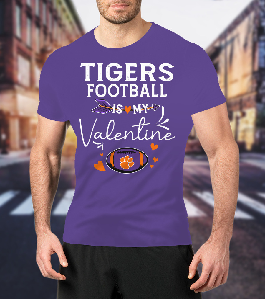 Tigers Football Is My Valentine With Paw Print And Hearts T-Shirt