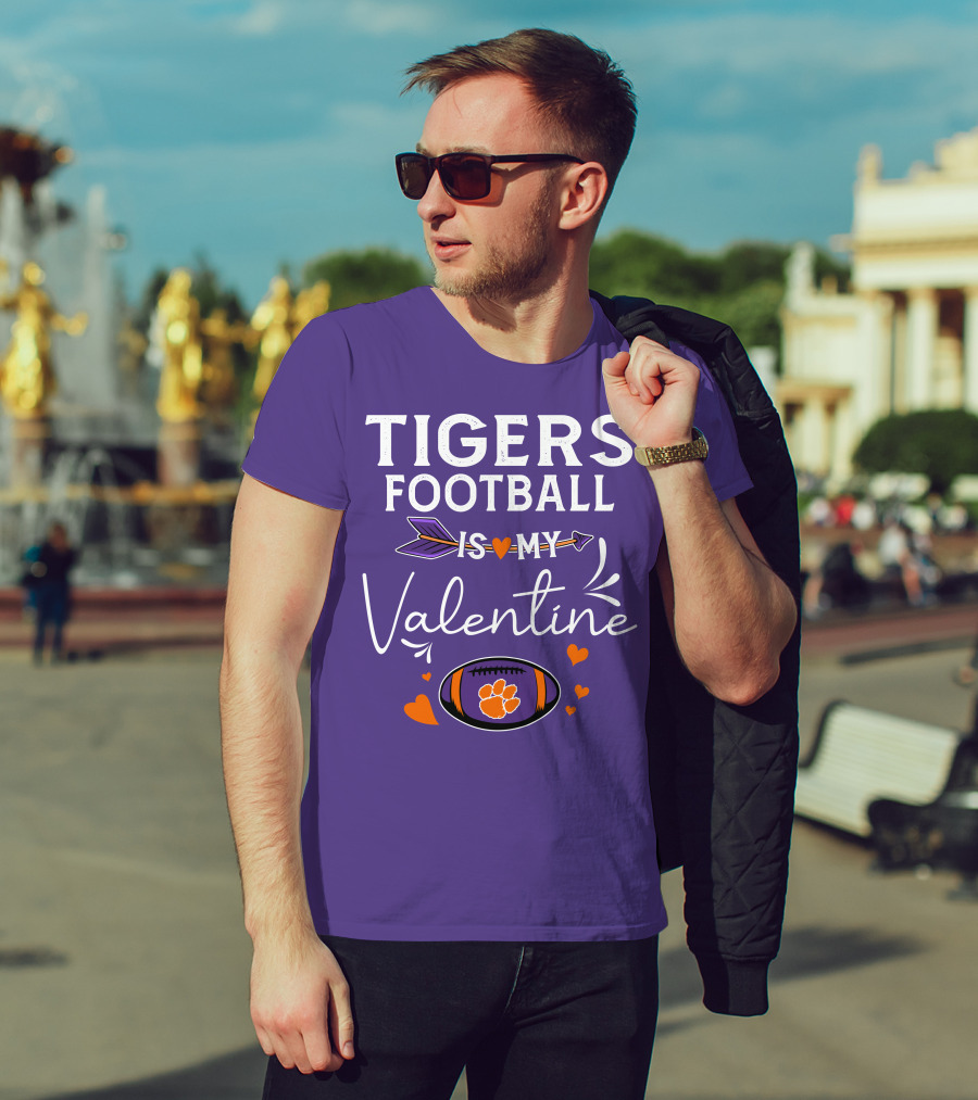 Tigers Football Is My Valentine With Paw Print And Hearts T-Shirt