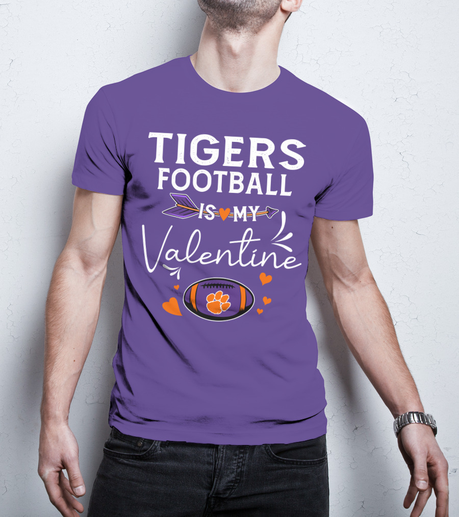Tigers Football Is My Valentine With Paw Print And Hearts T-Shirt