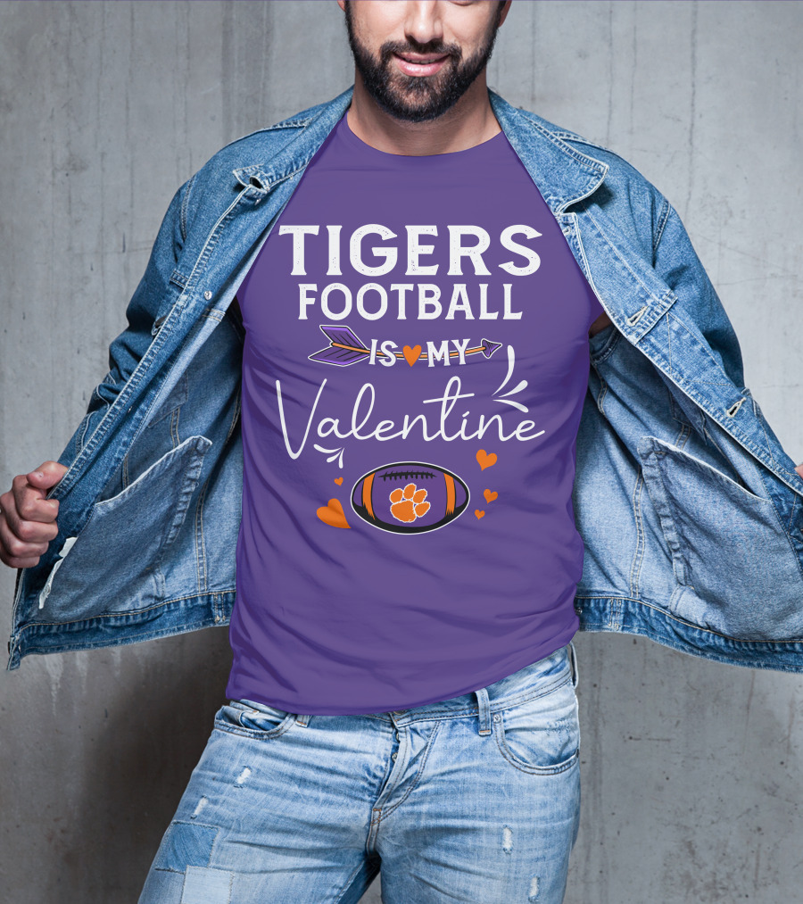 Tigers Football Is My Valentine With Paw Print And Hearts T-Shirt