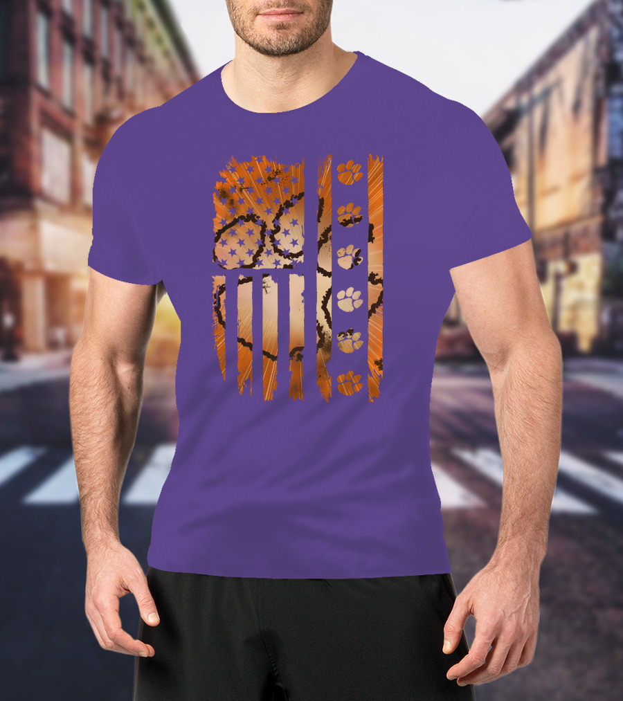 Clemson Tigers Paw Print American Flag T-Shirt