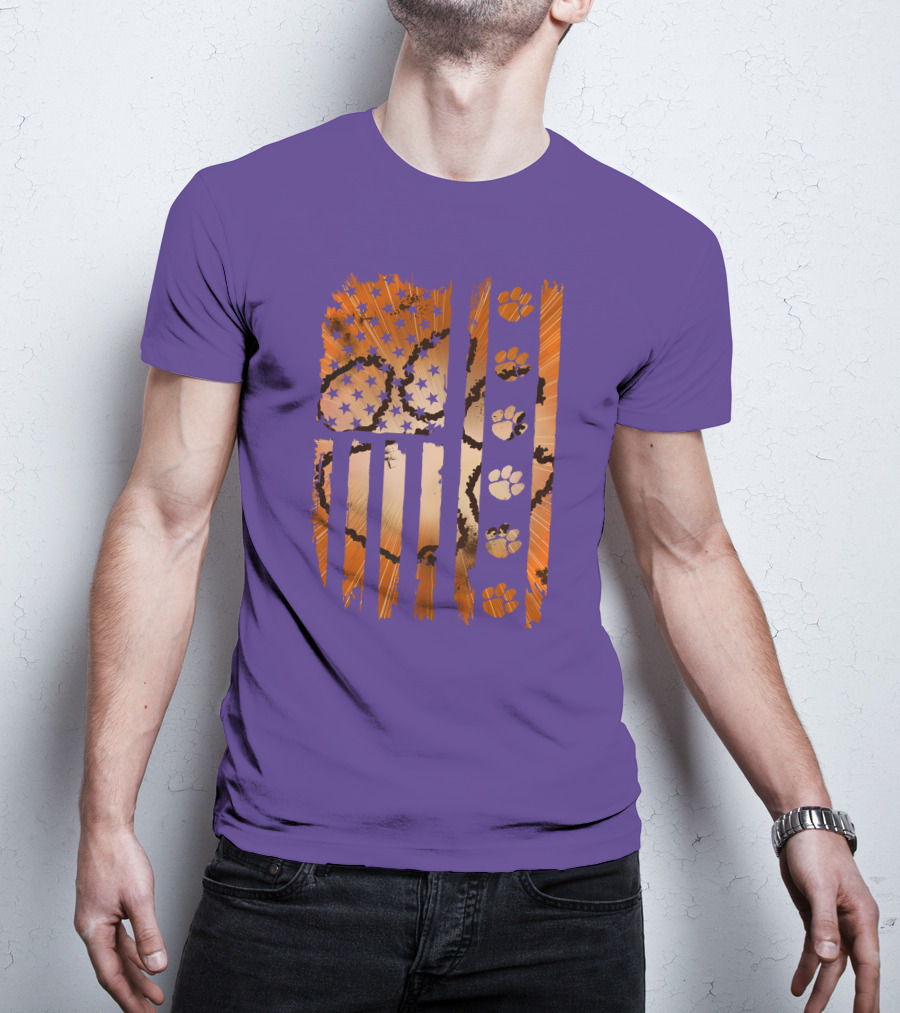 Clemson Tigers Paw Print American Flag T-Shirt