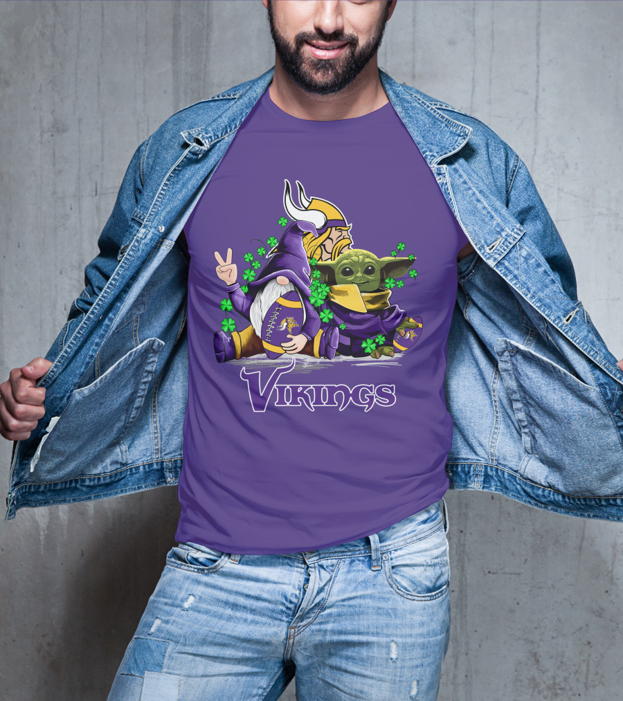 Leprechauns Gnomes Baby Yoda Hug Vikings Football Team T-Shirt