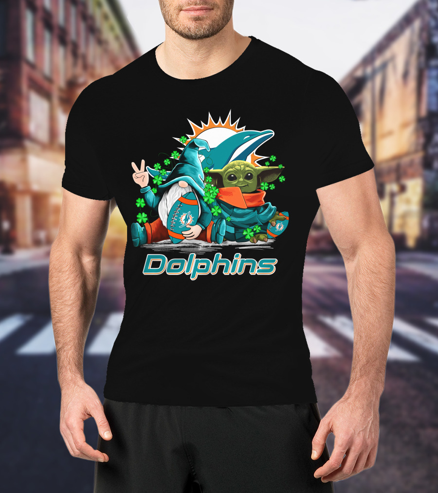 Miami Dolphins Leprechauns Gnomes Baby Yoda Hug T-Shirt