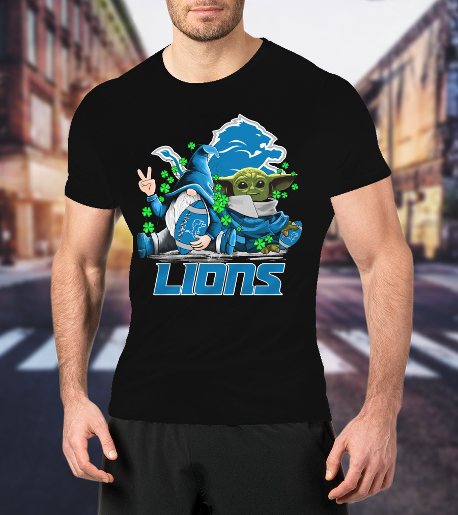 Leprechauns Gnomes Baby Yoda Lions Football Detroit Clover Hug T-Shirt