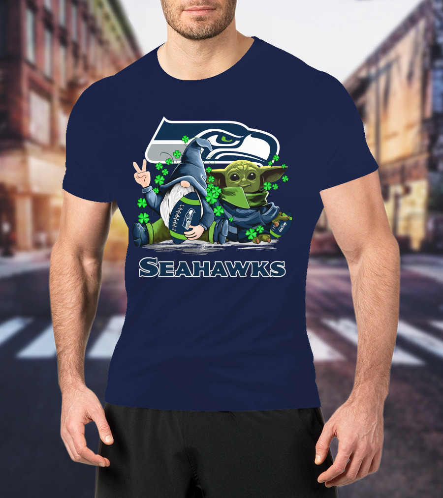 Leprechauns Gnomes Baby Yoda Seattle Seahawks Hug Football T-Shirt