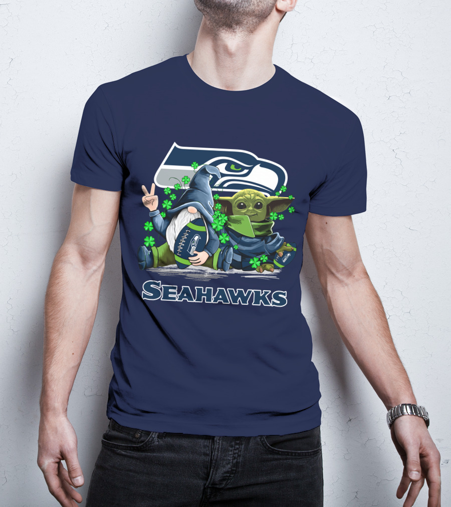 Leprechauns Gnomes Baby Yoda Seattle Seahawks Hug Football T-Shirt