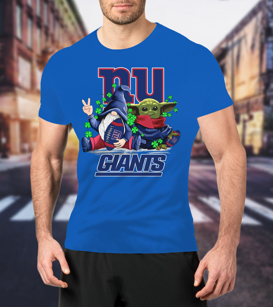 New York Giants Leprechauns Gnomes Baby Yoda Football Clover T-Shirt