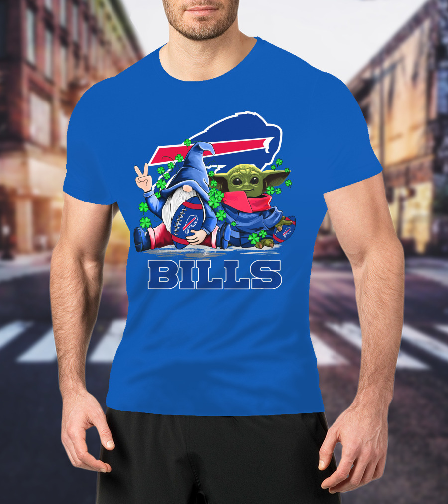 Leprechauns Gnomes Baby Yoda Hug Buffalo Bills Football Team Logo Shamrocks T-Shirt