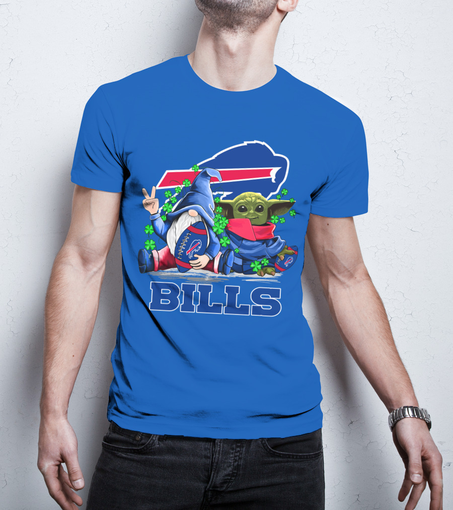 Leprechauns Gnomes Baby Yoda Hug Buffalo Bills Football Team Logo Shamrocks T-Shirt